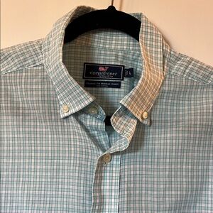 Vineyard Vines Men's Aqua and White Plaid Shirt